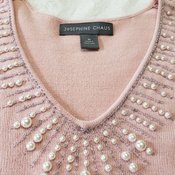 Josephine Chaus V-neck Pearl Beaded Pink Sweater Sz. M - Picture 2 of 7